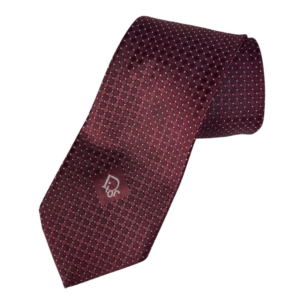 CHRISTIAN DIOR MENS NECKTIE BURGUNDY DOT PATTERN JACQUARD WEAVE “DIOR” LOGO